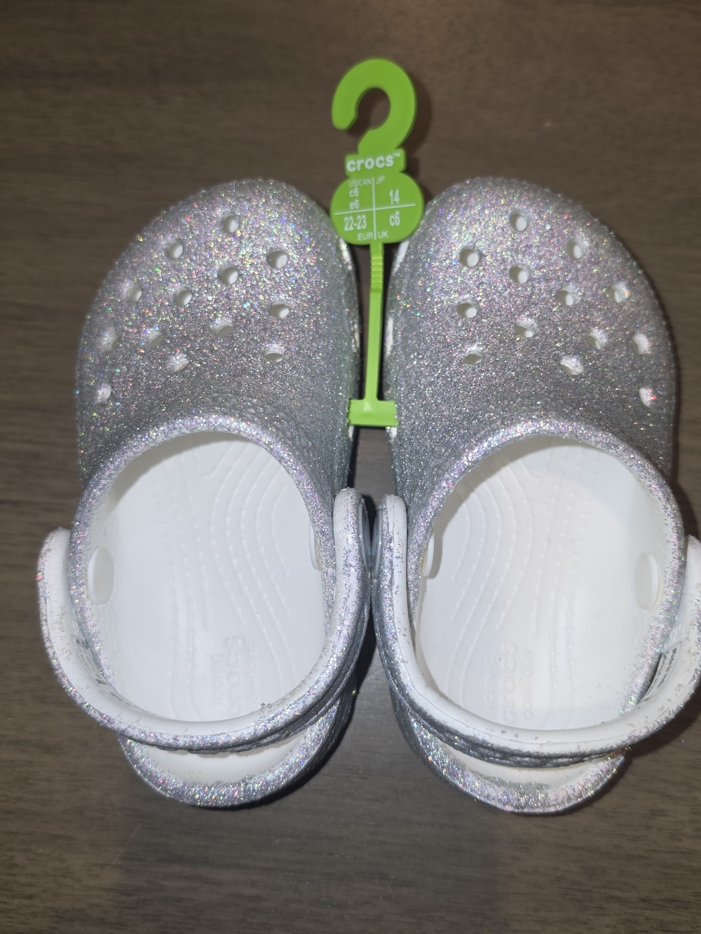 CROCS Kids Glitter Clogs in Silver and White